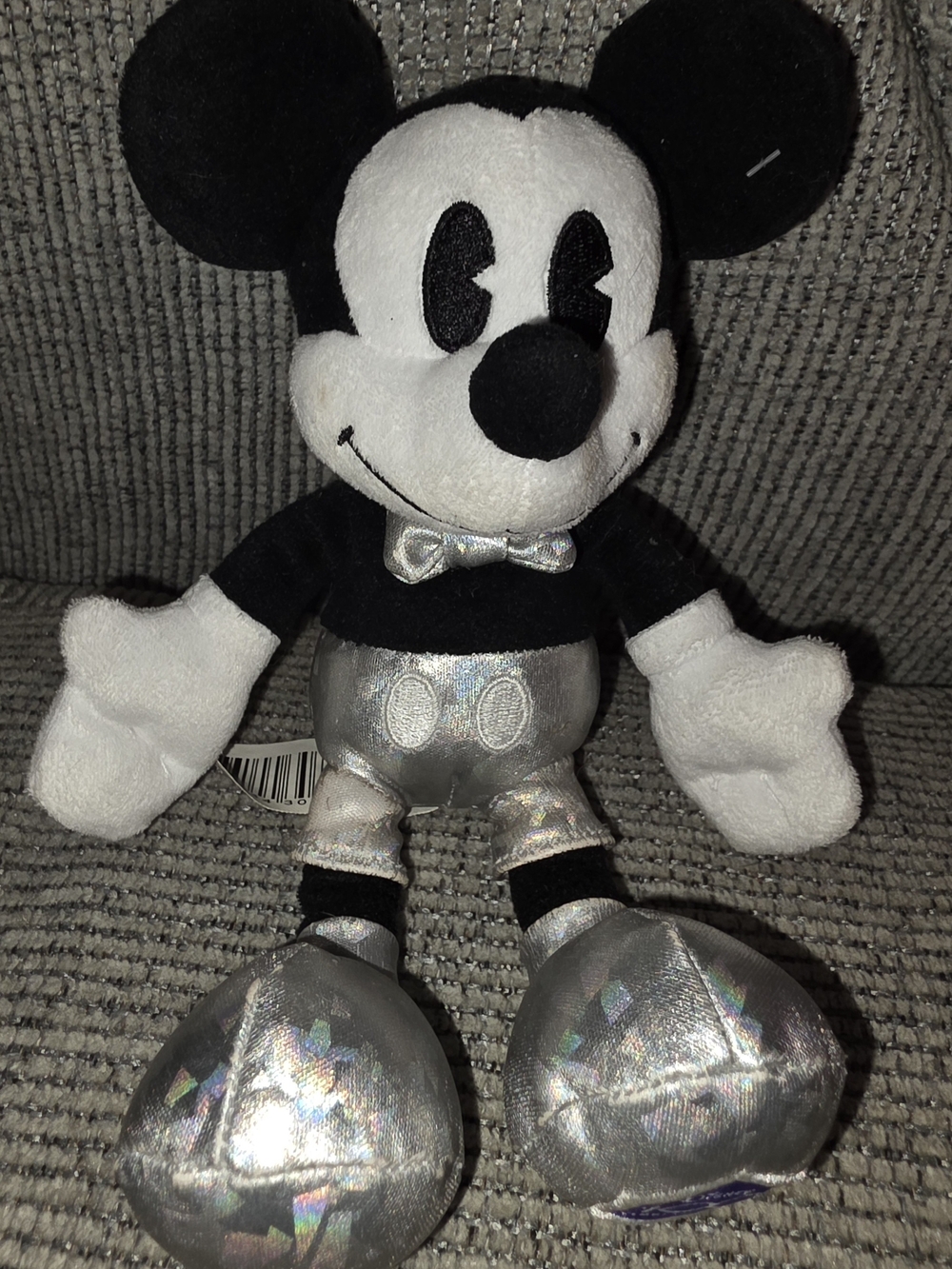 Disney 100 Year Black & White Mickey Mouse Plush with Silver Holographic Details